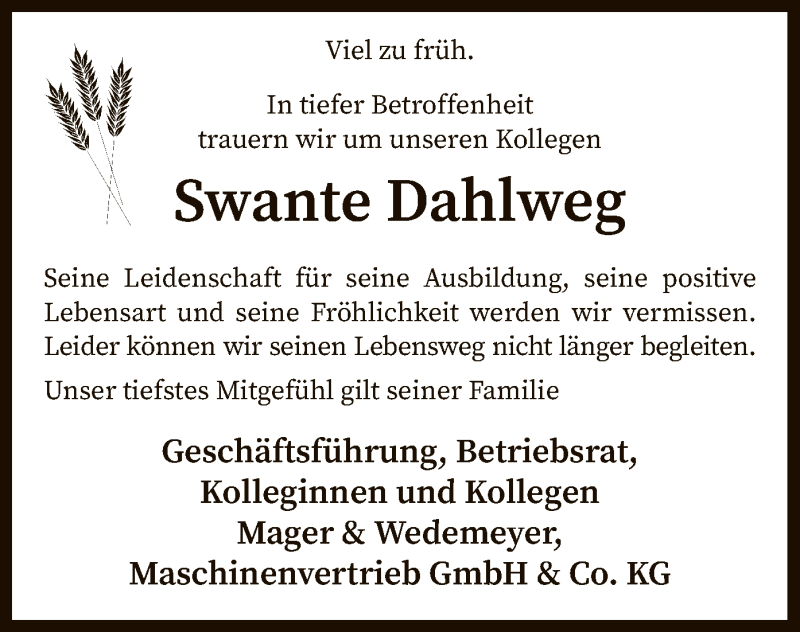  Traueranzeige für Swante Dahlweg vom 01.07.2020 aus SYK