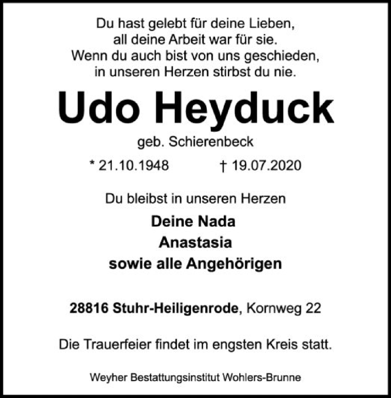  Traueranzeige für Udo Heyduck vom 22.07.2020 aus SYK