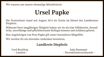 Traueranzeige von Ursel Papke von SYK