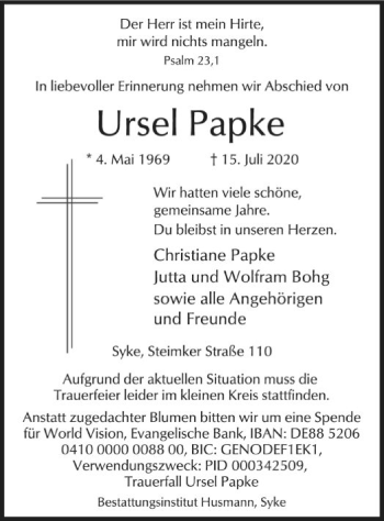 Traueranzeige von Ursel Papke von SYK