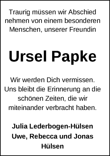 Traueranzeige von Ursel Papke von SYK