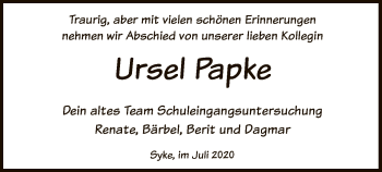 Traueranzeige von Ursel Papke von SYK