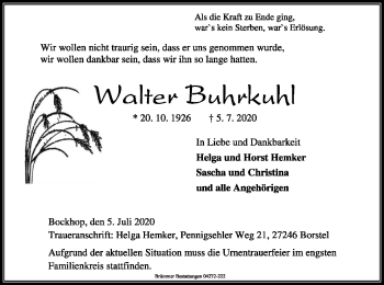 Traueranzeige von Walter Buhrkuhl von SYK