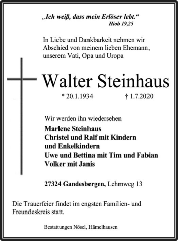 Traueranzeige von Walter Steinhaus von SYK