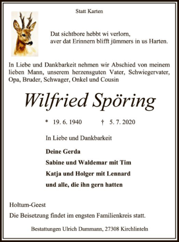 Traueranzeige von Wilfried Spöring von SYK