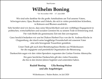 Traueranzeige von Wilhelm Boning von SYK