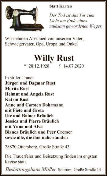 Traueranzeige von Willy Rust von SYK