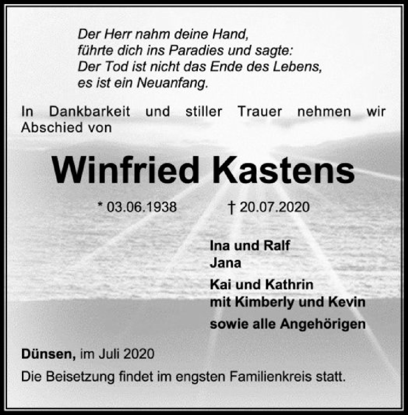  Traueranzeige für Winfried Kastens vom 22.07.2020 aus SYK