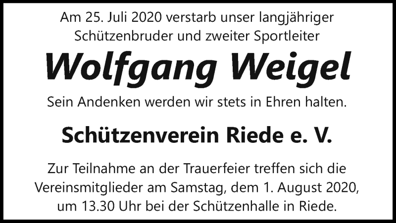  Traueranzeige für Wolfgang Weigel vom 28.07.2020 aus SYK