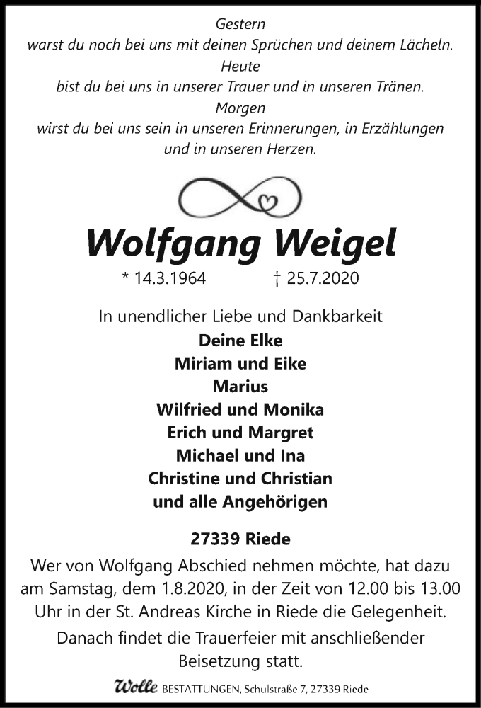  Traueranzeige für Wolfgang Weigel vom 28.07.2020 aus SYK