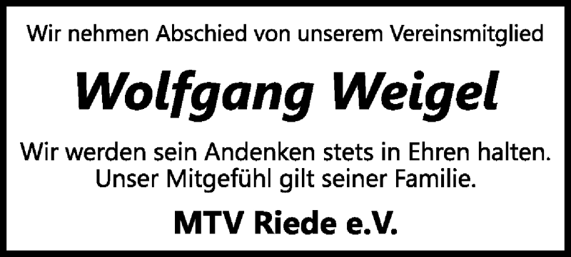  Traueranzeige für Wolfgang Weigel vom 30.07.2020 aus SYK