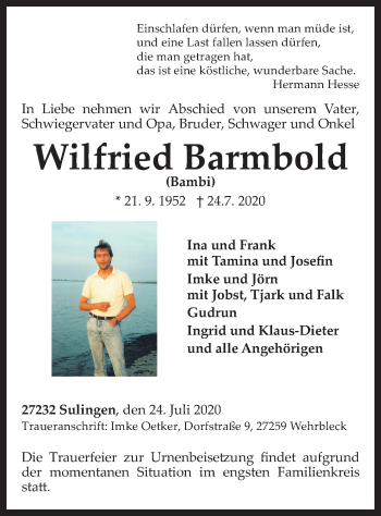 Traueranzeige von Wilfried Barmbold von SYK