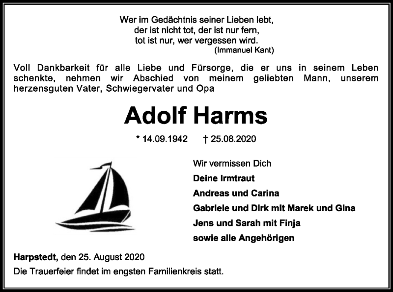  Traueranzeige für Adolf Harms vom 29.08.2020 aus SYK