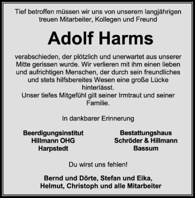  Traueranzeige für Adolf Harms vom 29.08.2020 aus SYK