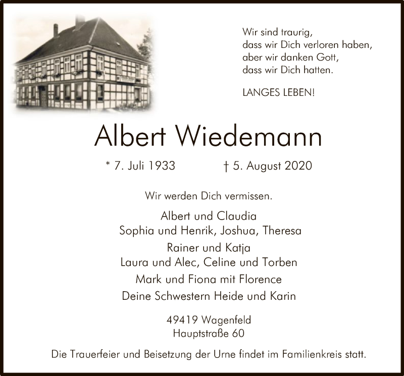  Traueranzeige für Albert Wiedemann vom 08.08.2020 aus SYK