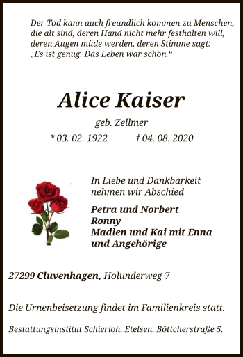 Traueranzeige von Alice Kaiser von SYK