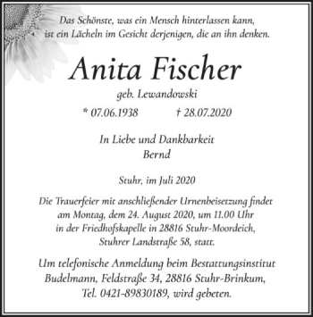 Traueranzeige von Anita Fischer von SYK