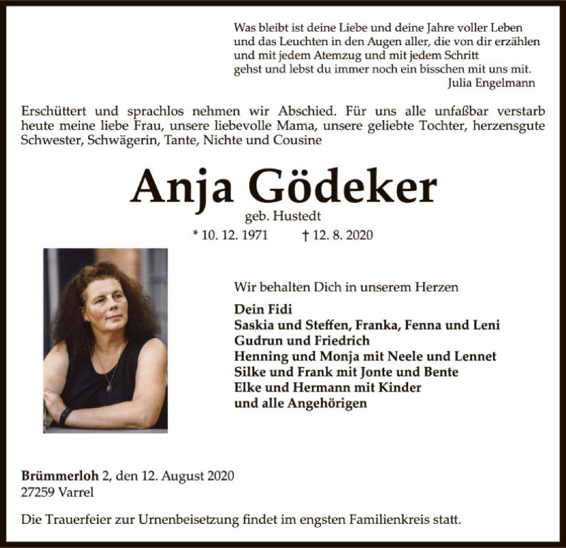  Traueranzeige für Anja Gödeker vom 22.08.2020 aus SYK