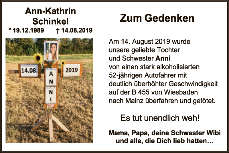  Traueranzeige für Ann-Kathrin Schinkel vom 14.08.2020 aus SYK