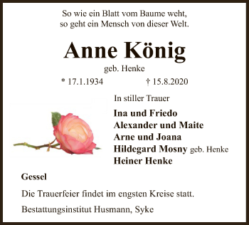 Traueranzeige von Anne König von SYK