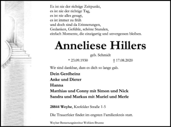 Traueranzeige von Anneliese Hillers von SYK