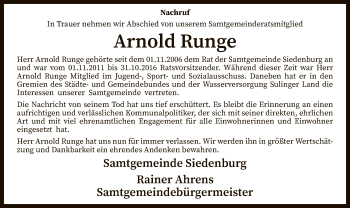 Traueranzeige von Arnold Runge von SYK