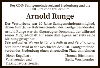 Traueranzeige von Arnold Runge von SYK