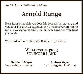 Traueranzeige von Arnold Runge von SYK