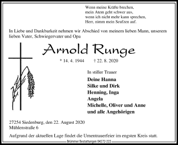 Traueranzeige von Arnold Runge von SYK