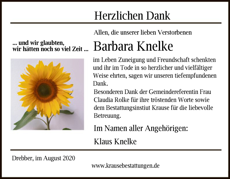  Traueranzeige für Barbara Franziska Anna Knelke vom 29.08.2020 aus SYK