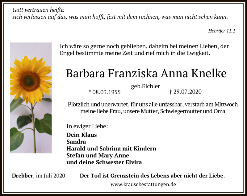  Traueranzeige für Barbara Franziska Anna Knelke vom 01.08.2020 aus SYK