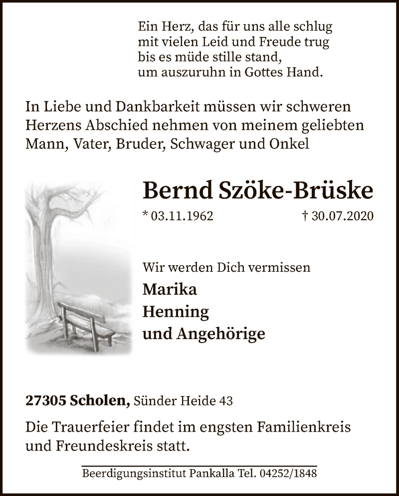  Traueranzeige für Bernd Szöke-Brüske vom 04.08.2020 aus SYK