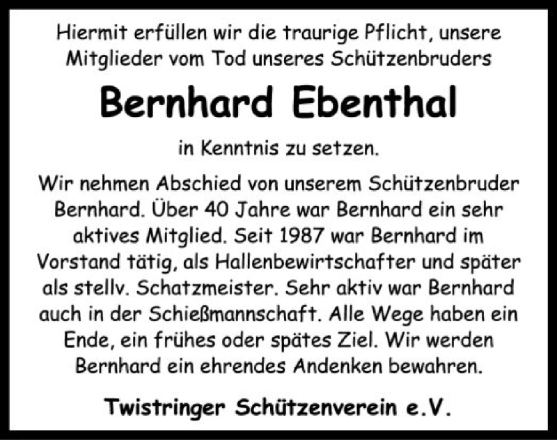  Traueranzeige für Bernhard Ebenthal vom 15.08.2020 aus SYK