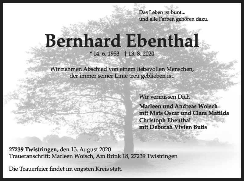  Traueranzeige für Bernhard Ebenthal vom 15.08.2020 aus SYK