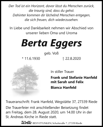 Traueranzeige von Berta Eggers von SYK