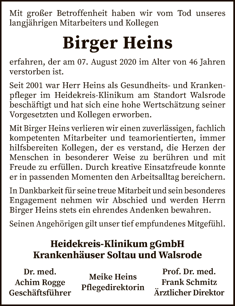  Traueranzeige für Birger Heins vom 22.08.2020 aus SYK