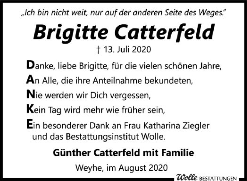  Traueranzeige für Brigitte Catterfeld vom 21.08.2020 aus SYK