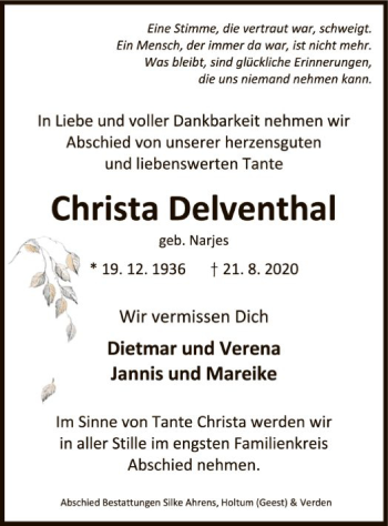 Traueranzeige von Christa Delventhal von SYK