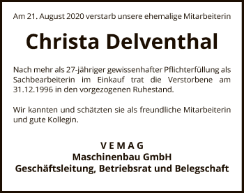 Traueranzeige von Christa Delventhal von SYK