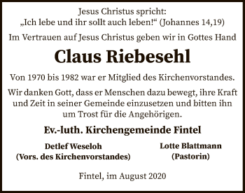 Traueranzeige von Claus Riebesehl von SYK