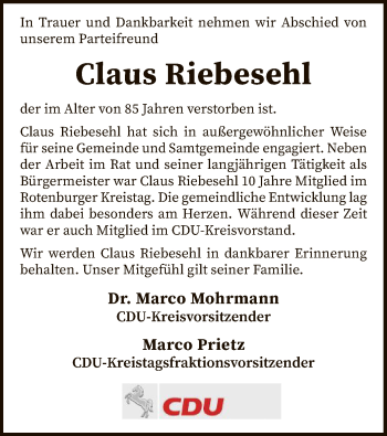 Traueranzeige von Claus Riebesehl von SYK