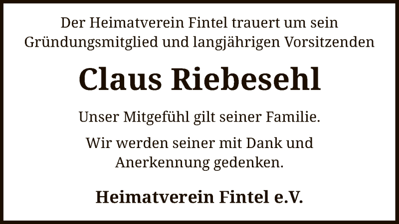  Traueranzeige für Claus Riebesehl vom 26.08.2020 aus SYK