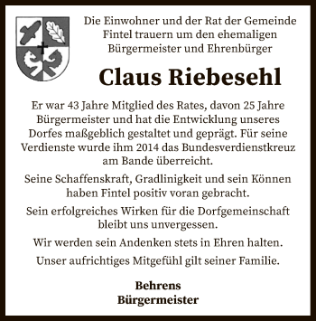 Traueranzeige von Claus Riebesehl von SYK