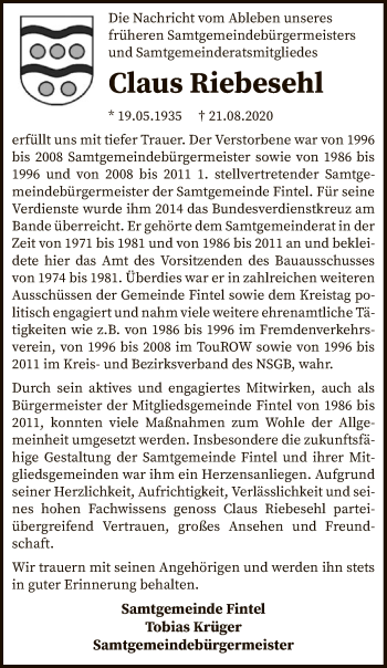 Traueranzeige von Claus Riebesehl von SYK