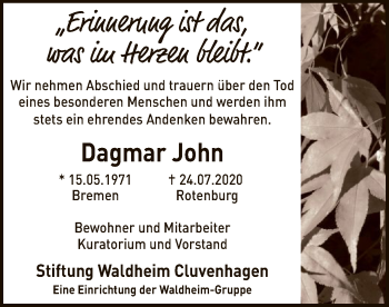 Traueranzeige von Dagmar John von SYK