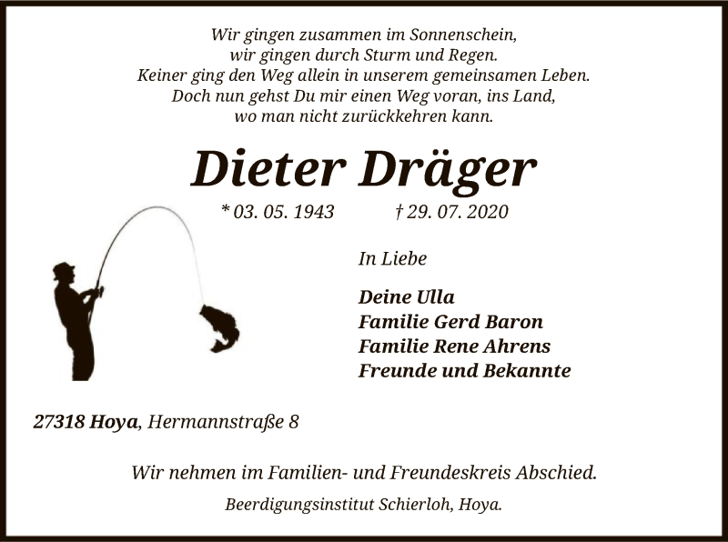  Traueranzeige für Dieter Dräger vom 01.08.2020 aus SYK