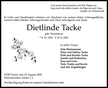 Traueranzeige von Dietlinde Tacke von SYK