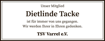 Traueranzeige von Dietlinde Tacke von SYK