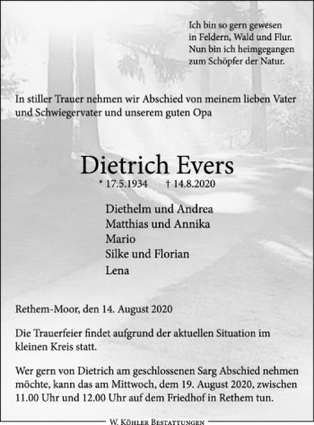 Traueranzeige von Dietrich Evers von SYK