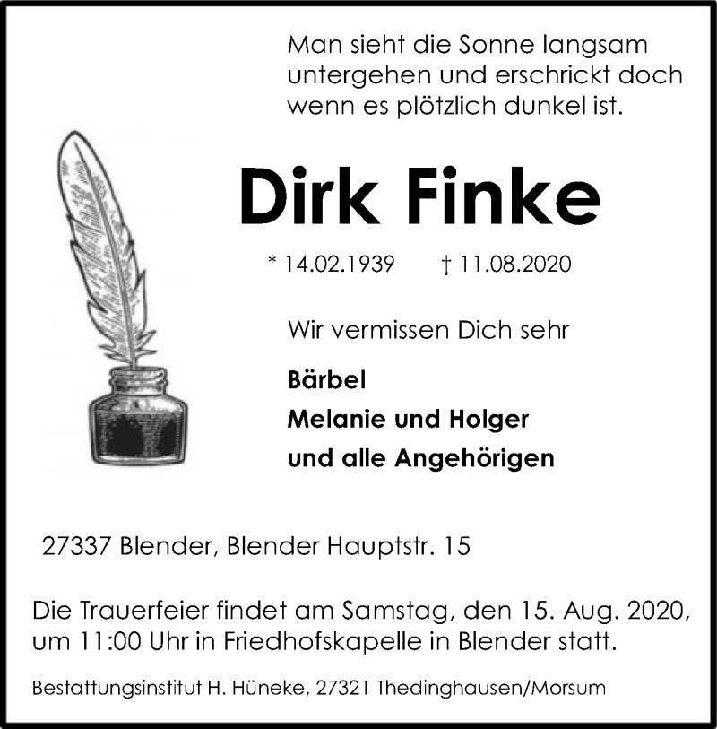  Traueranzeige für Dirk Finke vom 12.08.2020 aus SYK